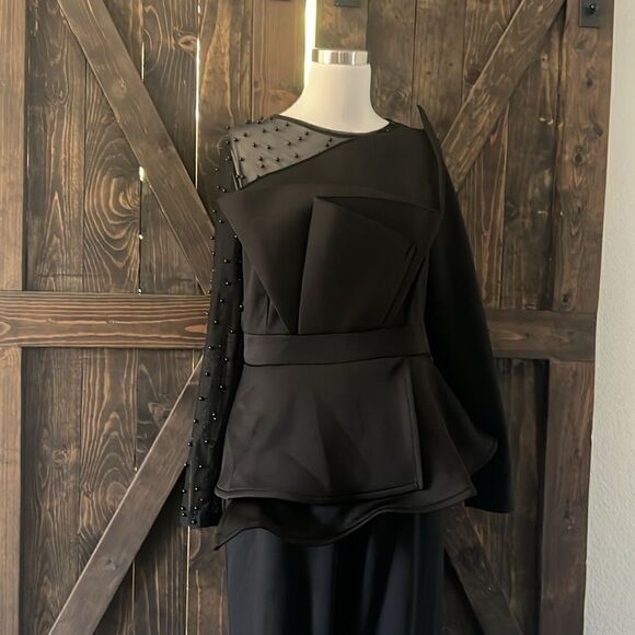 New Beaded Formal Long Sleeve Patchwork Mesh beaded Irregular Jumpsuit  Black - Picture 4 of 11